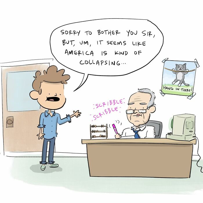 Cartoon of a frustrated person outside DNC headquarters with a fallen plant, illustrating funny comics about arguing with your brain.