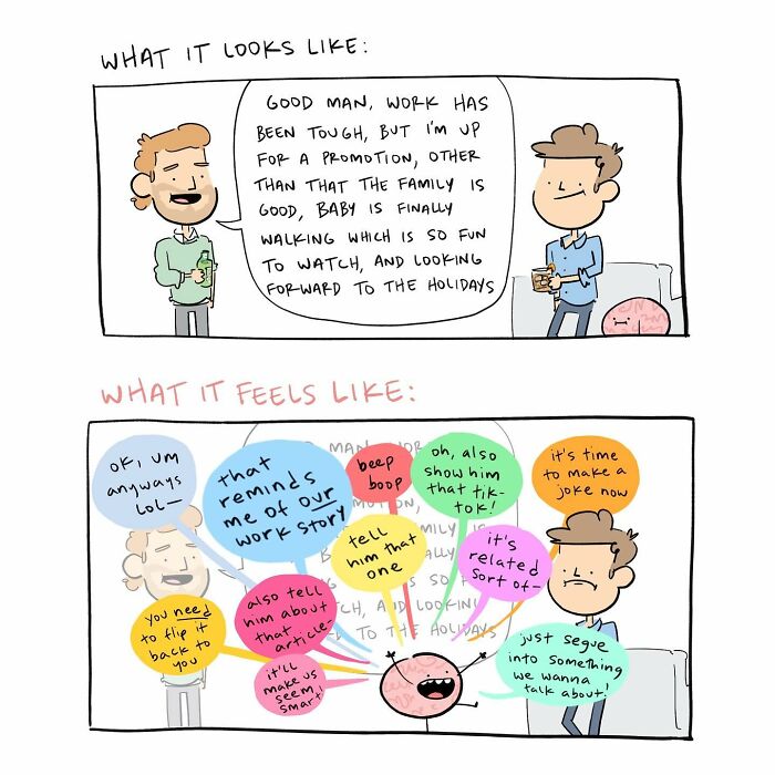 Cartoon comic showing a funny conversation between a person and their brain about life.