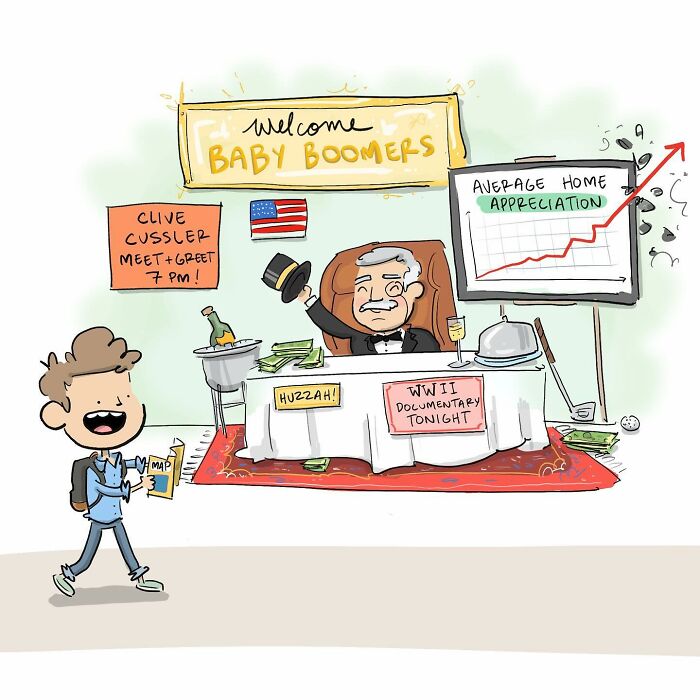 Cartoon showing a person approaching Age-Con building with a 2024 blimp and cars under spotlights in a funny comic style.