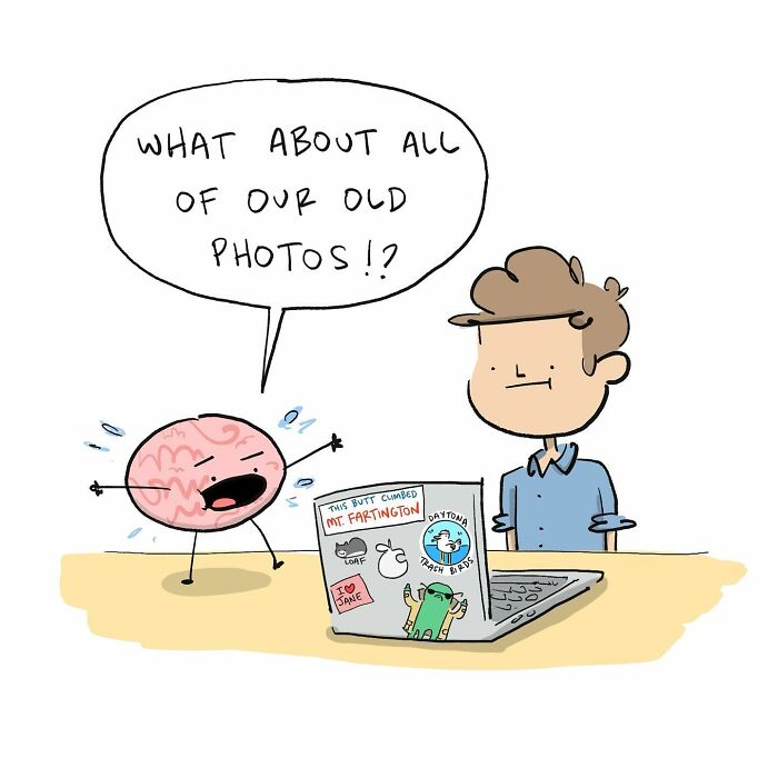 Cartoon brain arguing with a person near a laptop, highlighting a funny comic about internal mental debates.