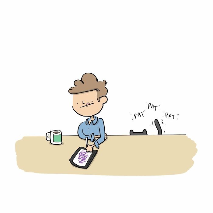 Cartoon of a person smiling at a table with a mug and a tablet showing a funny comics drawing.