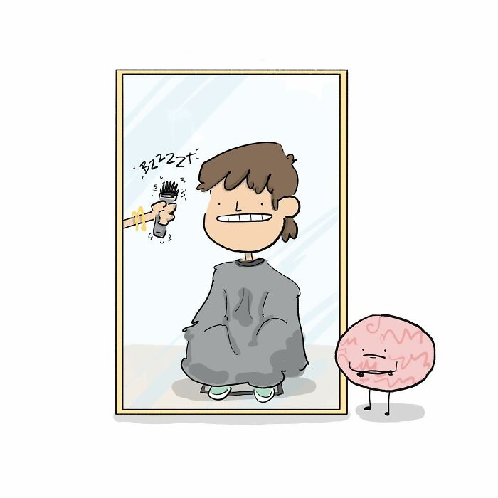Cartoon comic showing a person being sprayed in the head by a brain character, humorous comic about arguing with brain.