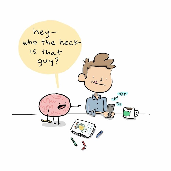 Funny comics showing a person ignoring their brain, which is drawing a colorful picture nearby.
