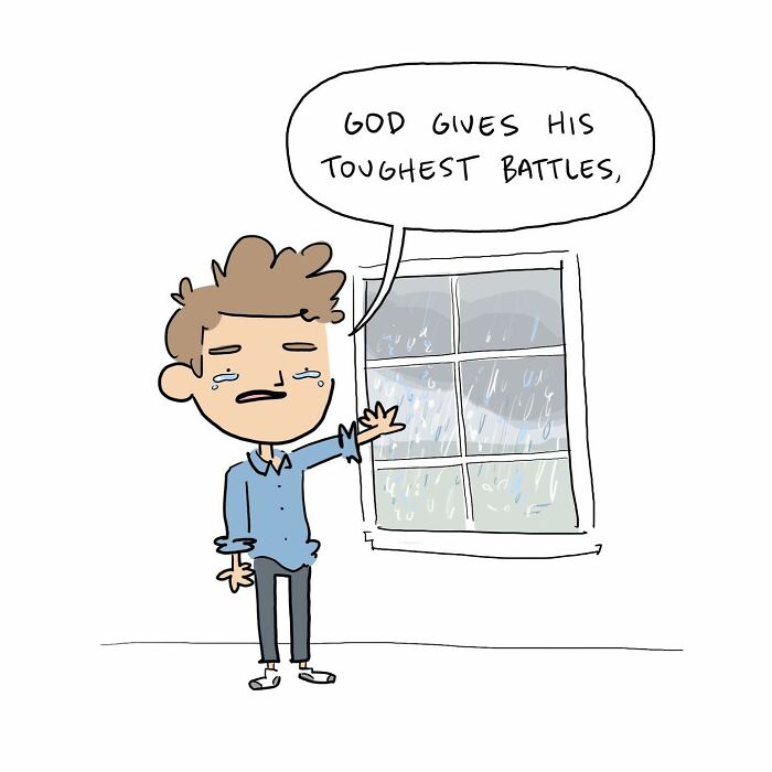 Man taking a deep breath while leaning on a table, illustrating a funny comic about arguing with their own brain.