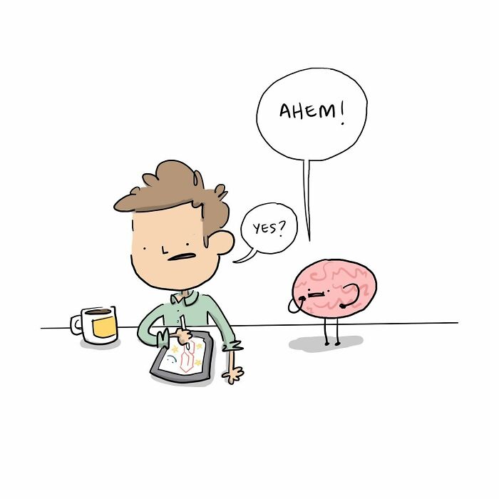 Cartoon of a person drawing with a walking brain beside them labeled walking with purpose, funny comics brain theme.