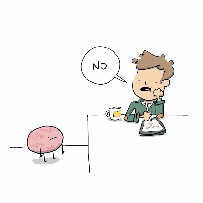 Funny comic showing a person arguing with their own brain about having more coffee at the table.