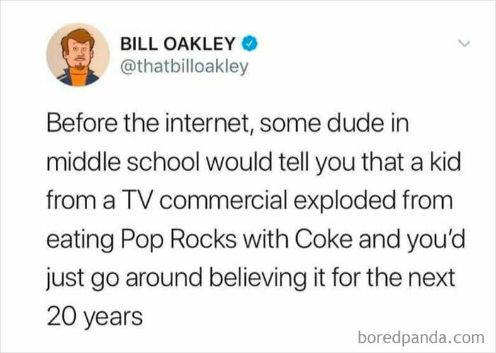 Meme about childhood beliefs before the internet, referencing Pop Rocks and nostalgic Tamagotchis and VHS tapes.