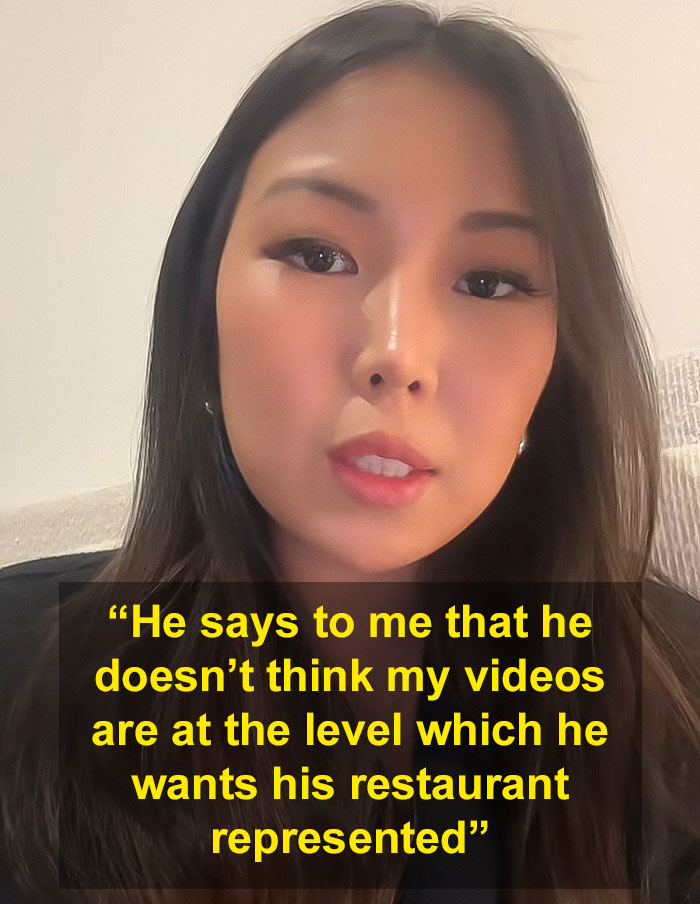 Young woman sharing experience about a chef and micro influencer conflict involving restaurant representation.
