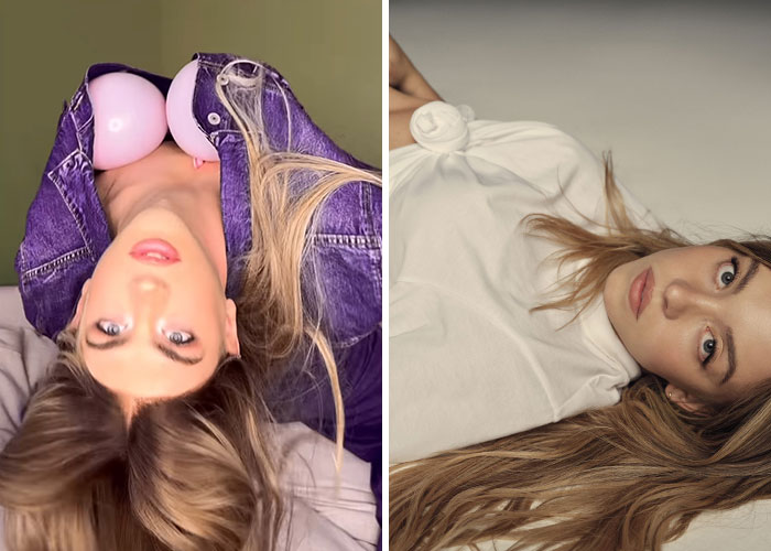 Two photos of a woman lying down, one in a purple denim jacket and the other in a white top, related to Sydney Sweeney American Eagle jeans. - 5