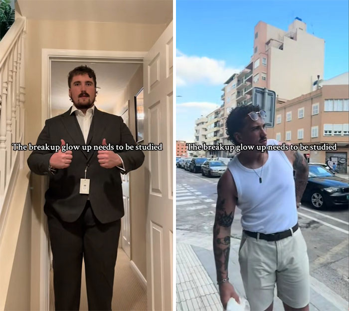 Before and after comparison of breakup glow up effect showing transformation from formal suit indoors to casual summer outfit outdoors.