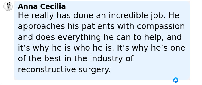 Testimonial praising a plastic surgeon specializing in fixing botched operations with compassionate reconstructive surgery.