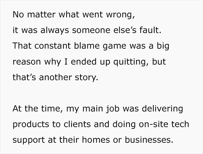 Text excerpt about delivering products and tech support to clients, illustrating challenges with boss and client messaging. - 3