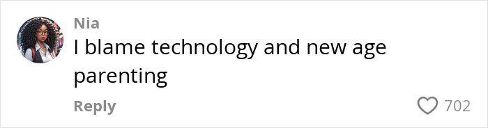 A social media comment from Nia blaming technology and new age parenting amid literacy crisis concerns from US teachers.