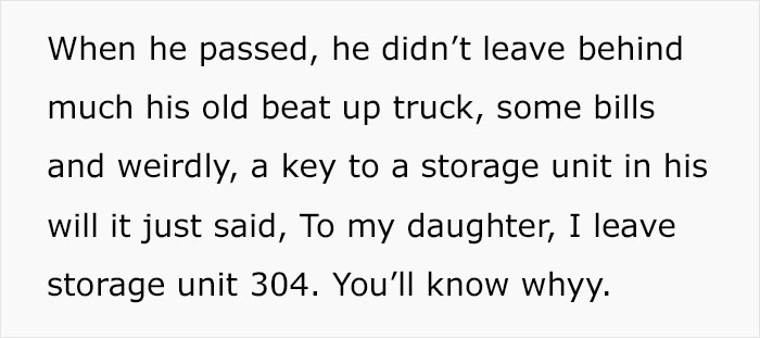 Text excerpt describing a will leaving a storage unit key to a daughter, hinting at a meaningful discovery.