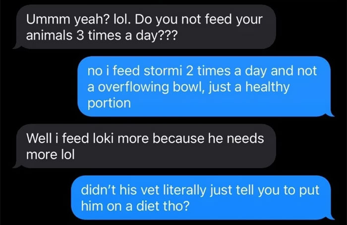 Text message exchange about feeding cats and concerns over one cat being severely overweight and needing a diet plan. - 7
