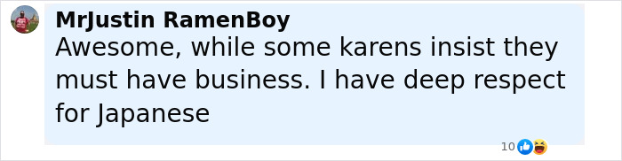 Comment by MrJustin RamenBoy expressing respect for Japanese, mentioning some insist on business while others do not in travel class context.