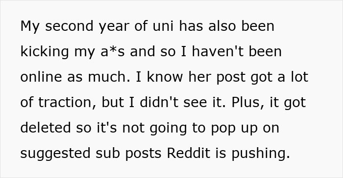 Text about struggles with university and missing online posts linked to manipulative mom daughter story drama. - 60