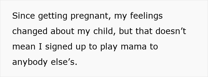 Text on a white background reading a pregnant woman refuses to babysit niblings, causing family to flip on their racist switch.