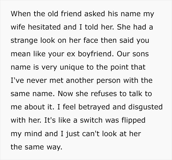 Text excerpt about a husband feeling sick after realizing their son is named after someone from his wife's past, causing feelings of betrayal. - 3