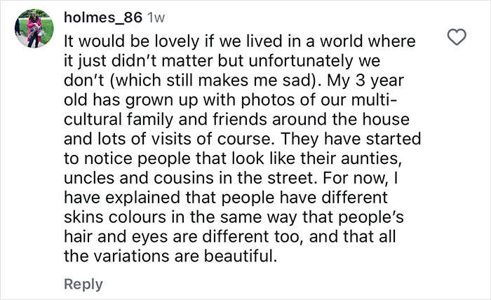 Comment about a toddler realizing she&rsquo;s Black after daycare, with mom&rsquo;s empowering reply on skin color diversity.