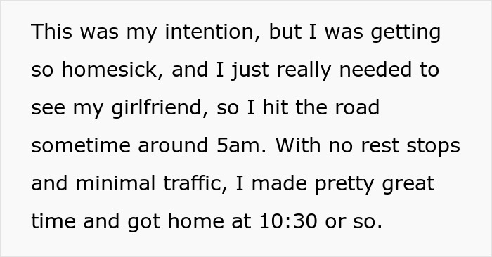 Text excerpt showing a personal story about homesickness and traveling to see a girlfriend early in the morning.