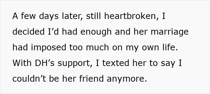 Text showing a person deciding to cut off a friend who stayed in an abusive marriage due to the impact on their life.