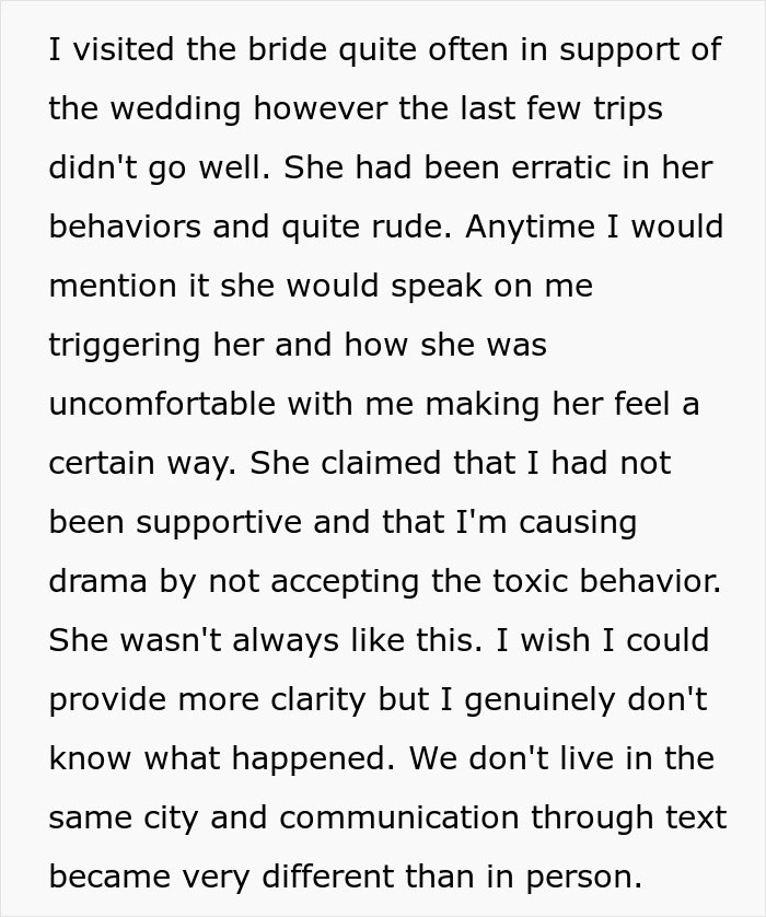 Text excerpt detailing conflicts between a bride and guest before a wedding, highlighting toxic behavior and communication issues. - 59