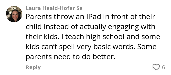 Comment by a concerned US teacher warning about the literacy crisis and the need for better parental engagement with kids' learning.