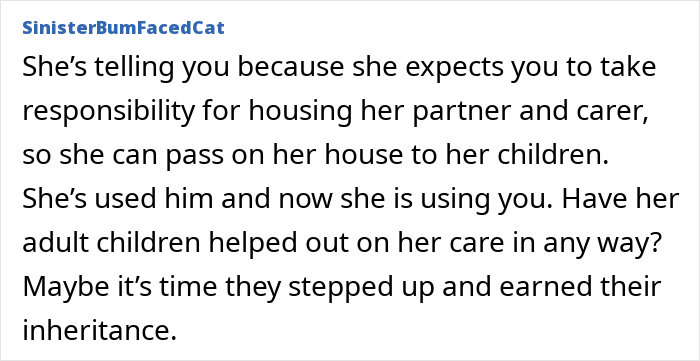 Comment discussing a woman deciding to leave her partner homeless and the impact on housing responsibility and inheritance.