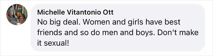 Comment by Michelle Vitantonio Ott addressing friendship and urging not to sexualize relationships between women and girls.