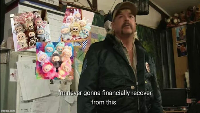 Man in a jacket with Joe Exotic meme text, surrounded by Labubu dolls sparking hilarious memes online.