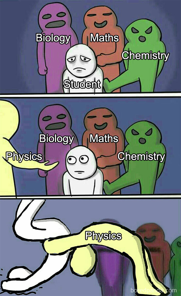 Funny science meme showing a student overwhelmed by biology, maths, chemistry, and dramatic physics character.