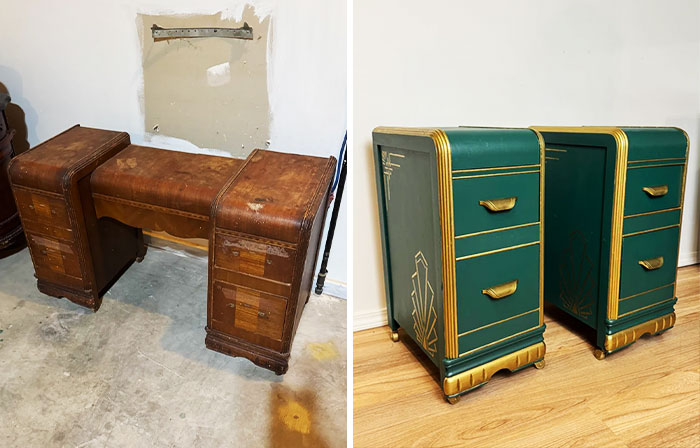 Before and after images of furniture flipping pros restoring a vintage desk with green and gold paint accents.