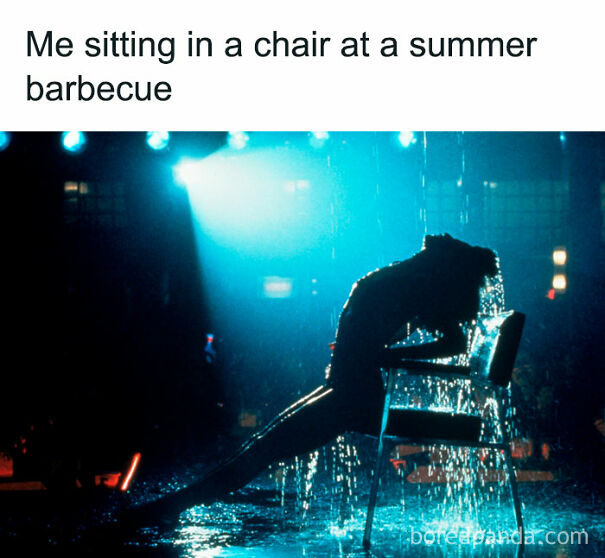 Person sitting drenched in a chair at a summer barbecue, humorously capturing summer memes about pretending to enjoy being outside.