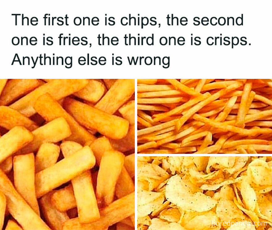 Comparison of British chips, fries, and crisps with humorous text for daily dose of British humor memes.
