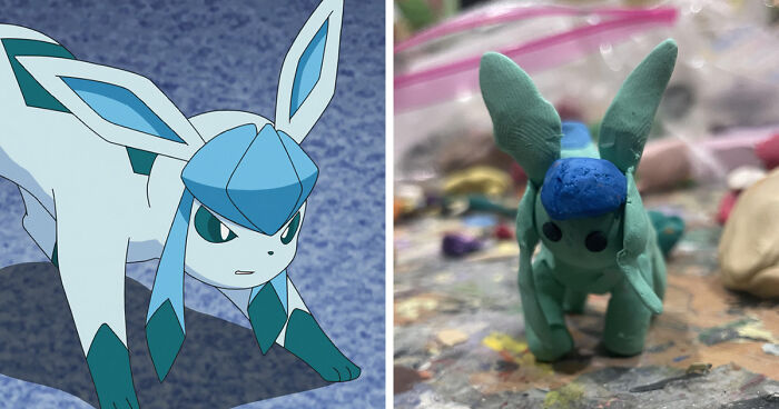 Poorly-made favorite Pokemons clay figure resembling Glaceon with uneven shapes and rough texture on a craft table.