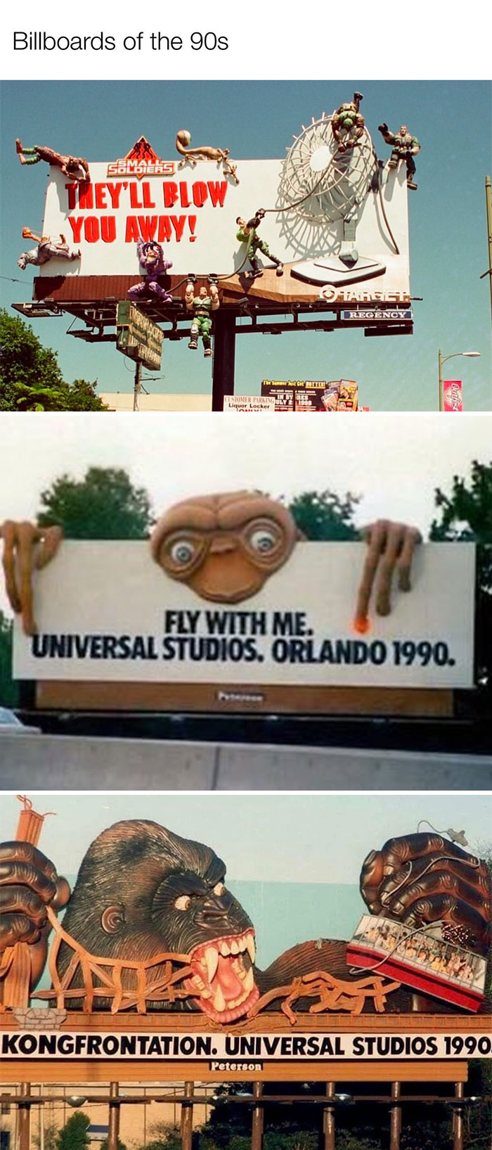 90s nostalgia with vintage Universal Studios and Small Soldiers billboards featuring iconic movie characters in creative 3D designs.