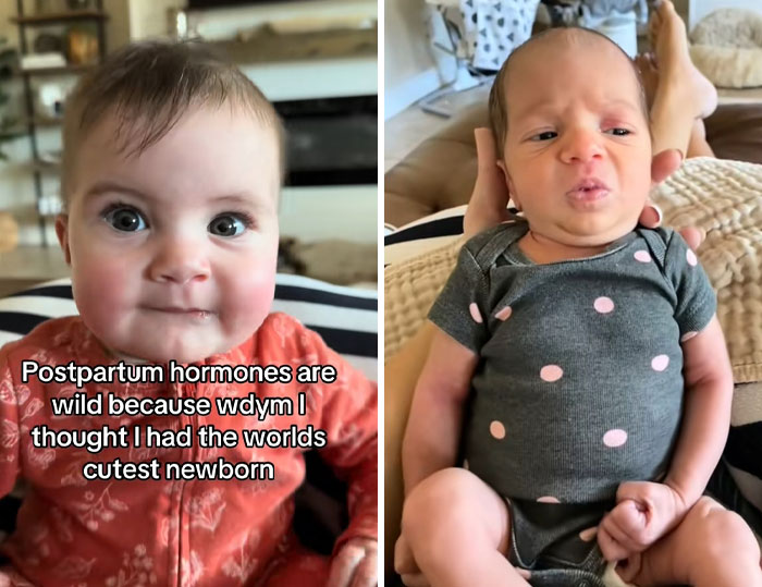 Two newborns showing different expressions, illustrating the impact of postpartum hormones on mothers' perceptions.