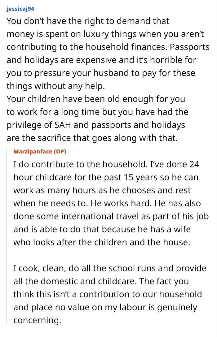 Text conversation about wife and kids not having passports due to husband saying they can't afford them, discussing household contributions. - 16