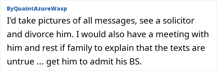 Text message on a screen showing advice after a woman discovers husband texted his mother about lies in their relationship.