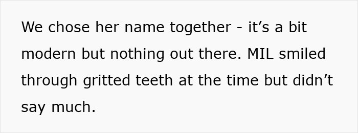 Text excerpt about MIL demanding a more Christian baby name while mom feels uncomfortable and reflects on their name choice.