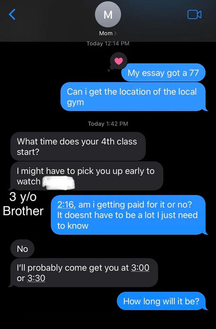 Text message conversation showing a teen asking if they will be paid for babysitting with a mom responding about pickup times.