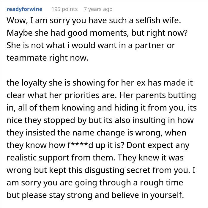 Comment expressing sympathy about a husband feeling sick after realizing who their son is named after, discussing family loyalty and conflict. - 58