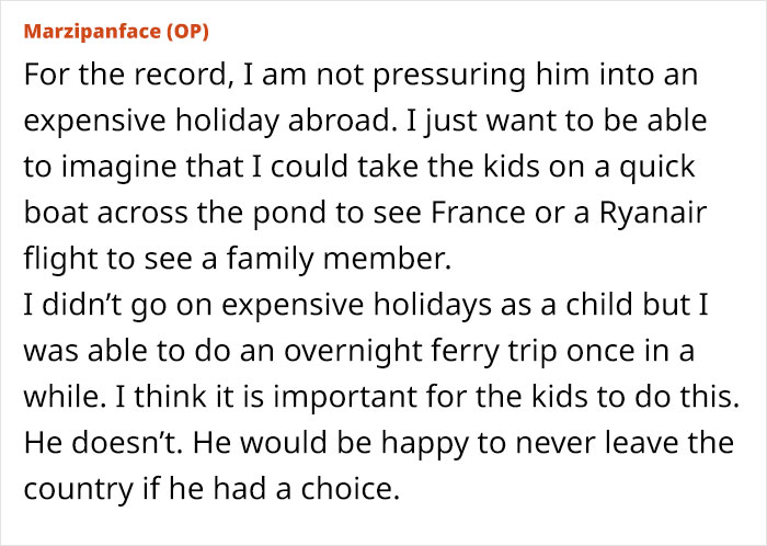 Text from a user discussing the husband saying wife and kids aren't allowed passports because they can't afford them. - 17