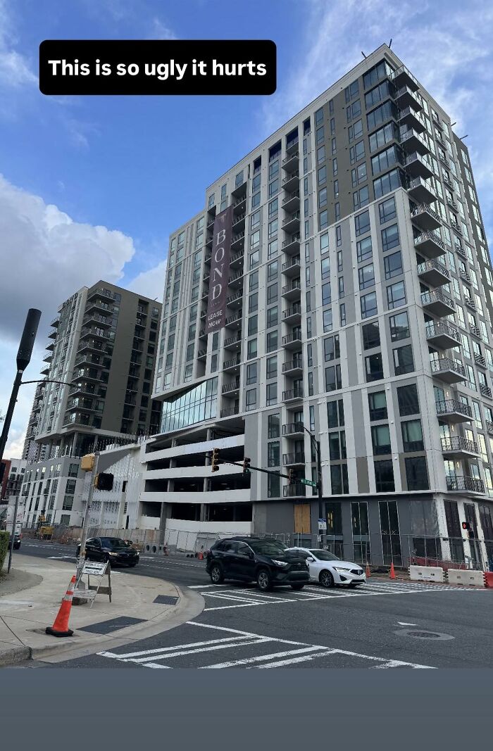 Modern apartment building with unusual design elements, illustrating failed creative attempts in homes and urban architecture.