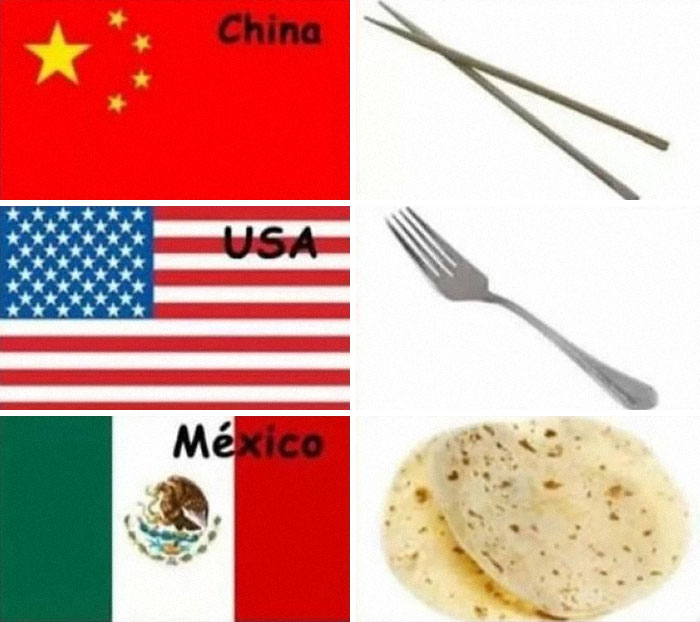 Flags of China, USA, and Mexico paired with chopsticks, a fork, and tortillas illustrating Hispanic culture memes.