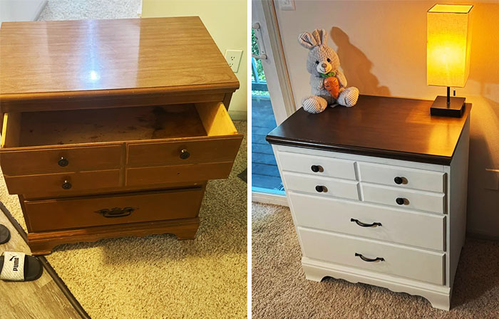 Before and after furniture flipping project showing a transformed wooden dresser with modern white paint and dark top.