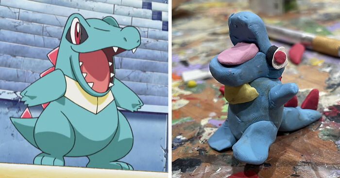 Two images side by side showing a favorite Pokemon and a poorly-made clay version of the same character on a workbench.
