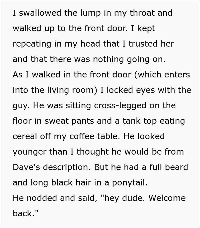 Man with beard and ponytail sitting cross-legged in sweatpants eating cereal, capturing best friend saw girlfriend another man moment.