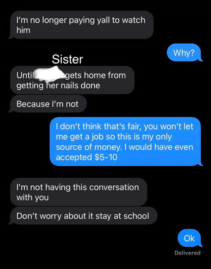 Text message exchange showing a teen asking to be paid for babysitting amid a dispute about nail appointments and fairness.